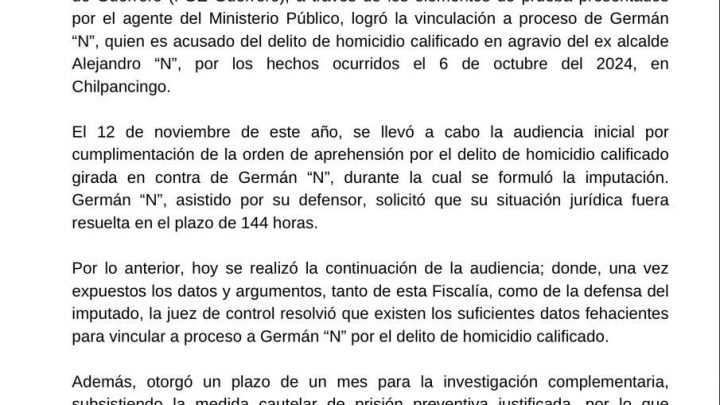 FGE Guerrero obtiene vinculación a proceso en contra de Germán “N” por el delito de homicidio del ex alcalde Alejandro “N”